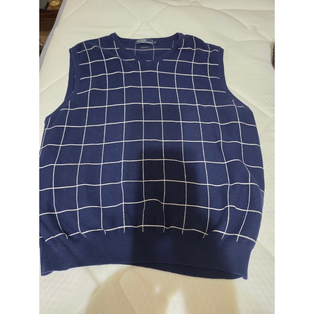 Polo Ralph Lauren XXL Navy Blue Windowpane Silk‎ Cotton Knit V-Neck Sweater Vest